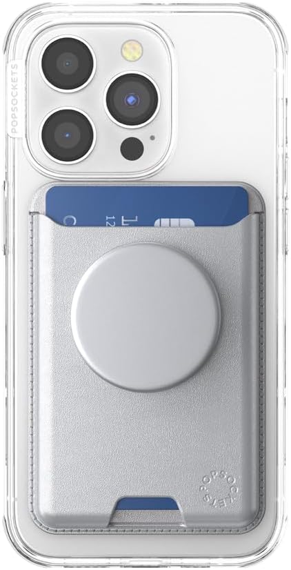 PopSockets Phone Wallet for MagSafe with Grip- Silver | PopWallet, Holds 3 Cards, Magnetic, Removable, Secure, Silver, Electronic Accessories, For iPad/Kindle/iPhone/Android