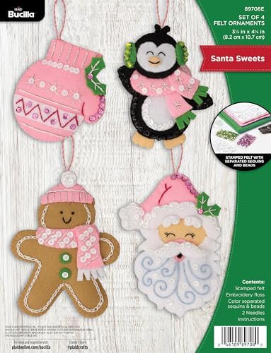 Bucilla Felt Applique 4 Piece Ornament Making Kit, Santa Sweets, Perfect for Holiday DIY Arts and Crafts, 89708E