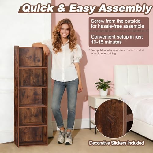 SUPER DEAL 5-Tier Open Shelf Bookcase and Bookshelf, Freestanding Display Shelves Narrow Cube Storage Organizer for Small Spaces Kids Bedroom Living Room Home Office Apartment, 52 Inch, Rustic Brown