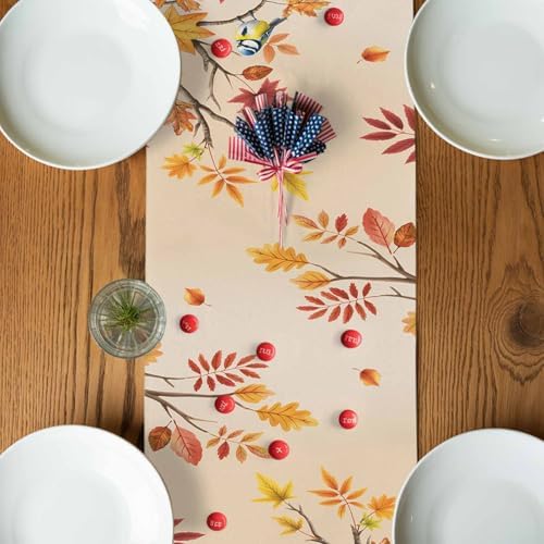 Fall Table Runner Hello Fall Pumpkin Table Runners Harvest Thanksgiving Maple Leaves Sunflower Bird Cotton Linen Dresser Scarf Kitchen Dining Table Decor for Autumn Holiday Party Coffee 13x72 Inch