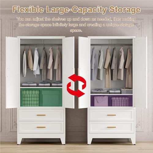 Washsemba 71'' Farmhouse Metal Wardrobe Cabinet with Hanging Rod, 2 Barn Door Wardrobe Closet with Adjustable Shelves,2 Drawer,for Dining Room,Bedroom,Living Room, Cloak Room,Office (White)