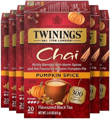 Twinings Pumpkin Spice Chai Black Spicy Tea Bags, 20 CT Box (6 Pack)
