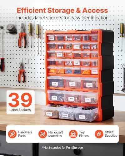 VEVOR 39-Drawer Storage Organizer, Plastic, Drawer Storage Cabinet for Garage Organization, Stackable Small Parts Organizer, Wall-Mounted Toolbox, for Hardware, Beads, Screws, Crafts, Building Bricks