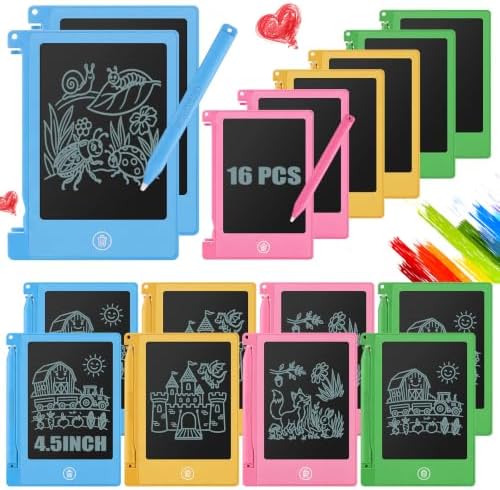Nezyo 16 Pieces 4.5 Inch Mini LCD Writing Tablet for Kids Electronic Doodle Board Colorful Drawing Tablet Bulk Erasable Writing Pad Reusable Learning Gift for Girls Boys Party Favor(4 Colors)