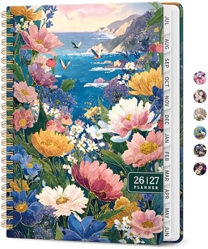 Planner 2026-2027, Jul 2026-Jun 2027 Academic Monthly & Weekly Planner | 6.3" x 8.5" Hardcover Calendar Planner for Women, Spiral Organizer with tabs, School Office Home Supplies, Seaside Petals