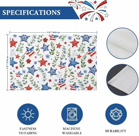 4th of July Placemats Set of 6, Patriotic Star Floral Place Mats Independence Day Dining Table Mats Holiday Party Memorial Day Decor for Kitchen&Linens Outdoor Indoor, Green Eucalyptus Leaves