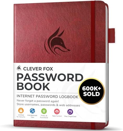 Clever Fox Password Book with Alphabetical Tabs, 4"x5.5" Keeper Wine Red