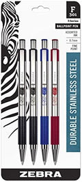 Zebra Pen F-301 STEEL Ballpoint Pen, Black/Blue/Red Ink, 0.7mm, 4-Pack