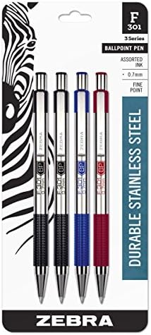 Zebra Pen F-301 STEEL Ballpoint Pen, Black/Blue/Red Ink, 0.7mm, 4-Pack
