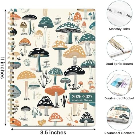 Large Planner 2026-2027, A4 (8.5" x 11") Hardcover Weekly & Monthly Planner July 2026 - June 2027 with Monthly Tabs, Academic Planner for School, Work and Office, Mushrooms Grove