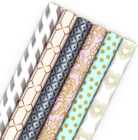 Hallmark Wrapping Paper Rolls, 6 Rolls (Hearts, Dots, Flowers, Stripes)