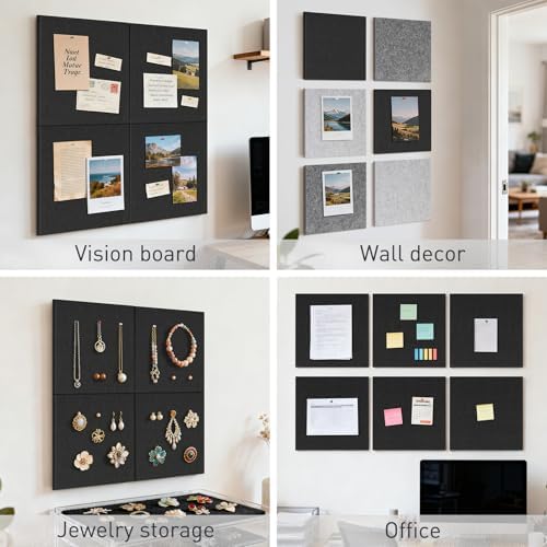 Fabric Bulletin Board 36"x24", 6-Pack Felt Wall Tiles, Black