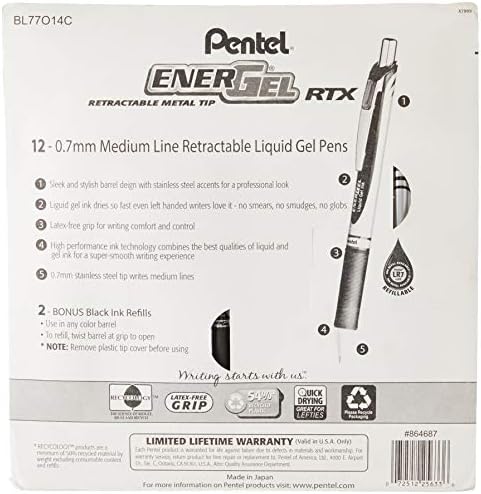 Pentel EnerGel RTX Retractable Metal Tip Pen, 0.7mm, 9 Black Ink, 3 Blue Ink with 2 Refills (BL77O14C)