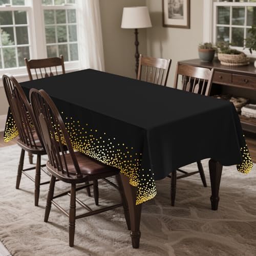 CXPSINC 54 Inch X 100 Feet Plastic Table Cover Roll Disposable Tablecloth with Slide Cutter for All Type/Shape Tables | Party, Banquet, Birthdays, Weddings(Black & Gold Dot, 100 Feet)