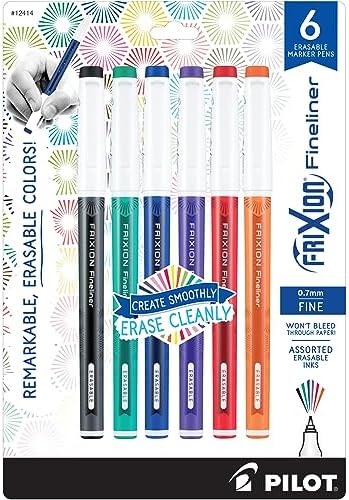 Pilot FriXion Fineliner Erasable Marker Pens, Fine Point 0.7 mm, Pack of 6, Assorted Colors, Erasable Pens - Ideal for School, Journaling, & Office Writing
