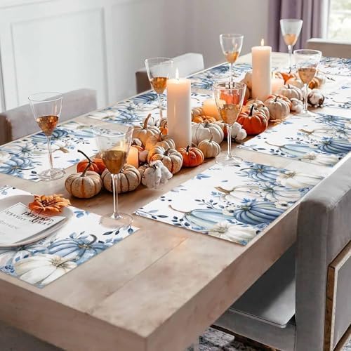 Fall Thanksgiving Placemats Set of 6, Blue White Pumpkin Heat Resistant Washable Dining Table Mats Fall Holiday Farmhouse Decor for Kitchen&Linens Outdoor Indoor, Autumn Flowers Eucalyptus Leaves
