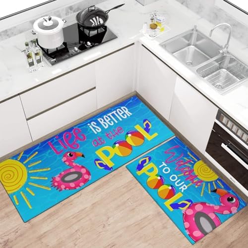 Summer Kitchen Rugs and Mats Set of 2,Welcome to Our Pool Flamingo Farmhouse Summer Non Slip Washable Floor Sink Mats Decorations for Home Kitchen 18"x48"+18"x30"