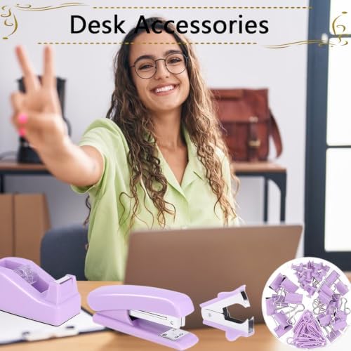 Office Supplies,Purple Desk Accessories,Stapler and Tape Dispenser Set for Women with Stapler,Tape Dispenser,Staple Remover,Staples,Clips,Scissors and Tabs,Gift for Student,Teacher,Coworkers,Business