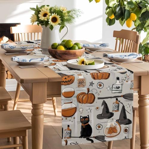 Vintage Style Table Runner Dresser Scarf 13 x 72 Inch Halloween Black Cat Orange Pumpkin Witch Hat Table Runners Non-Slip Heat Resistant Kitchen Dining Table Decor for Home Holidays Indoor Outdoor