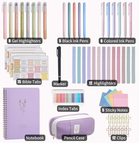 KOPKOFT Bible Study Supplies, Bible Journaling Kit for Women with Journal, Pen Case, Tabs, Highlighters and Pens, Bible Accessories Set for Women Students Beginner, Christian Gifts (Purple)