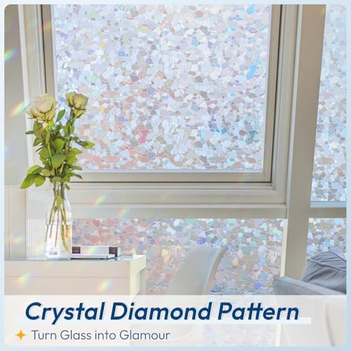 rabbitgoo Rainbow Window Privacy Film Decorative Stained Glass Diamond Pattern Window Sticker with Iridescent Tint Non-Adhesive Static Cling for Home Office Crystal Pattern, 23.6 x 78.7 inch