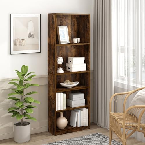 Furinno Jaya 5-Tier Book Shelf with Adjustable Shelves Set of 2, Amber Oak