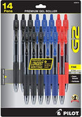 PILOT G2 Premium Gel Roller Pens, 1 mm, Pack of 14, Black, Blue, Red