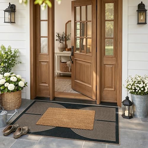 Lahome Modern Rainbow Easy Jute Outdoor Patio Rug, 3x5 Black Office Rug