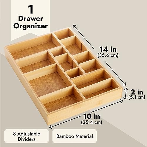 Juvale Drawer Organizer Tray - 8-Slot Drawer Divider for Utensils - Versatile Silverware Holder - Desk Tray for Office Supplies - 14 x 10 x 2 in, Brown, Bamboo