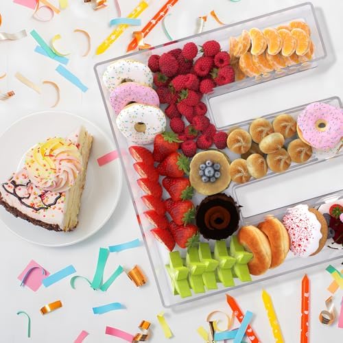11" Acrylic Letter Charcuterie Box, Reusable Fillable Alphabet Number Shaped Form Tray for Birthday Anniversaries, Party Decorative Serving Plates Display Candy Cake (E)
