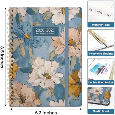 Planner 2026-2027, Monthly & Weekly Jul 2026-Jun 2027 Calendar Book | 6.3" x 8.5", Hardcover Spiral Planner with Tabs, School & Daily Pretty Agenda for Women, Students, Teachers, Soft Florals