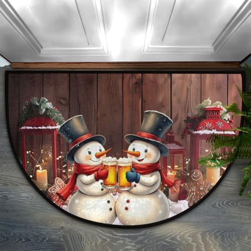 Christmas Snowman Half Round Door Mat Non Slip Washable Xmas Semi Circle Area Rug Absorbent Soft Decoration Half Moon Rug Floor Mat for Indoor Kitchen Bathroom Patio Front Door Mat Decor