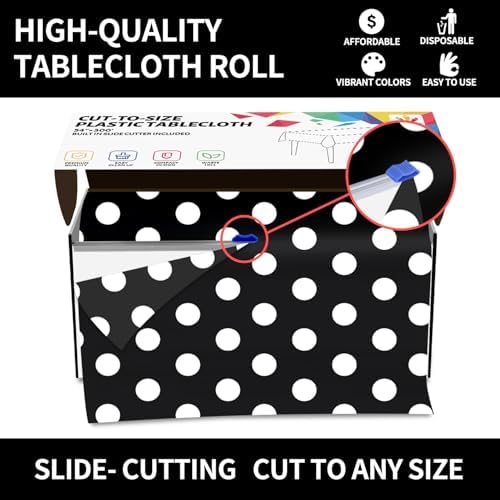 CXPSINC 54 Inch X 300 Feet Plastic Table Cover Roll Disposable Tablecloth with Slide Cutter for All Type/Shape Tables | Party, Banquet, Birthdays, Weddings(Black & White Dot, 300 Feet)