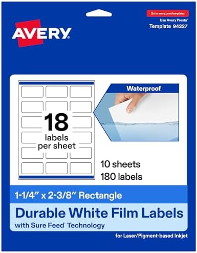 Avery® Printable Durable White Rectangle Labels, Sure Feed® Technology, 1-1/4" x 2-3/8", Print-to-the-Edge, Waterproof Labels, Laser & Pigment-Based Inkjet Compatible, 180 Total