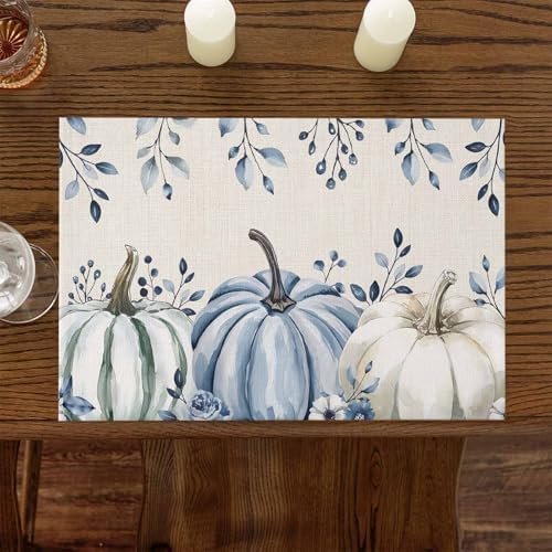 Fall Placemats Set of 4, White Pumpkin Place Mats Blue Pumpkin Eucalyptus Leaves Floral Tablemats Harvest Thanksgiving Placemat Table Decor for Kitchen Table Holiday Dinner Party Autumn Home Decor