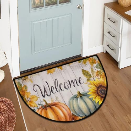 Autumn Pumpkin Sunflower Wood Half Round Door Mat, Non-Slip Welcome Indoor Entrance Way Rug Semi Circle Front Doormats Washable Bathroom Kitchen Floor Mat, Outdoor Rugs for Garage, Patio, Hearth Rug