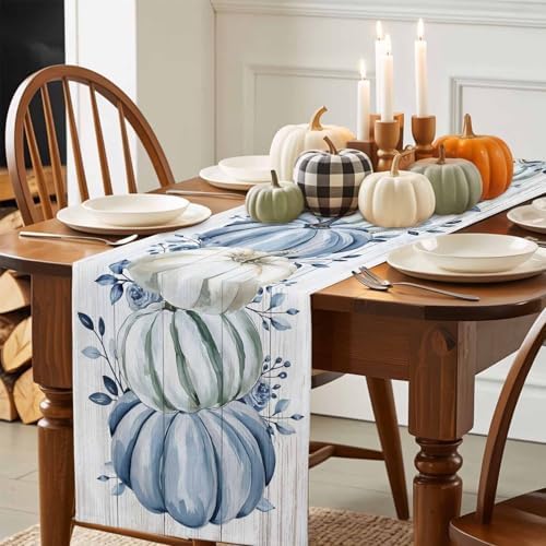 Fall Table Runner Blue Pumpkin Table Runners Harvest Thanksgiving White Blue Pumpkins Wooden Cotton Linen Dresser Scarf Kitchen Dining Table Decor for Autumn Holiday Party Coffee 13x60 Inch