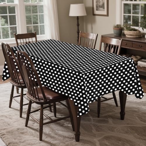 CXPSINC 54 Inch X 100 Feet Plastic Table Cover Roll Disposable Tablecloth with Slide Cutter for All Type/Shape Tables | Party, Banquet, Birthdays, Weddings(Black & White Dot, 100 Feet)