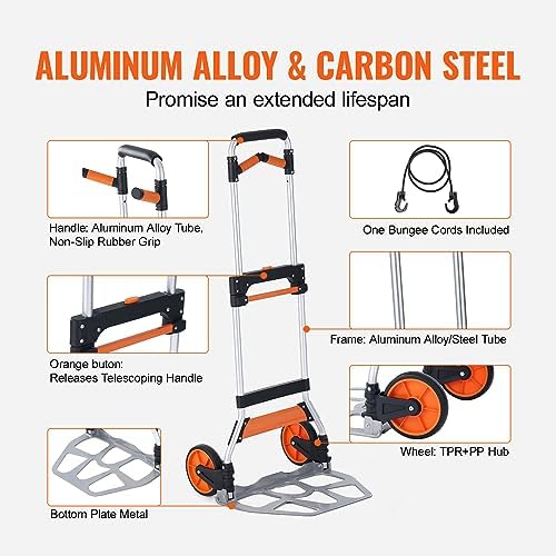 VEVOR Folding Hand Truck and Dolly, 309 Lbs Capacity, Aluminum Foldable Cart, Heavy-Duty Luggage Trolley Cart with Telescoping Handle and PP+TPR Wheels for Home, Office, Shopping, Travel