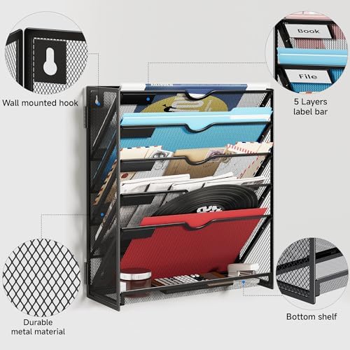Lavatino 6-Tier Hanging File Organizer, Wall Mount File Holder for Mails Folders Papers Magazine Organization, Vertical Document Organizer for Office Home - Black