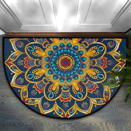 Pardick Boho Mandala Flower Half Round Door Mat, Non-Slip Welcome Indoor Entrance Way Rug Semi Circle Front Doormats Washable Bathroom Kitchen Floor Mat, Outdoor Rugs for Garage, Patio, Hearth Rug