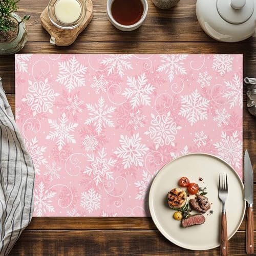 Christmas Placemats Set of 6, Pink White Snowflakes Pattern Heat Resistant Washable Table Place Mats Winter Cotton Table Linens Party Holiday Decor for Kitchen Dining Outdoor Indoor