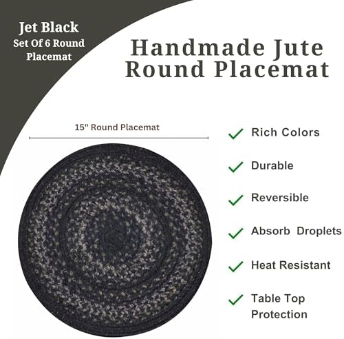 Homespice Jet Black Jute Braided Placemats, Round 15" Set of 6