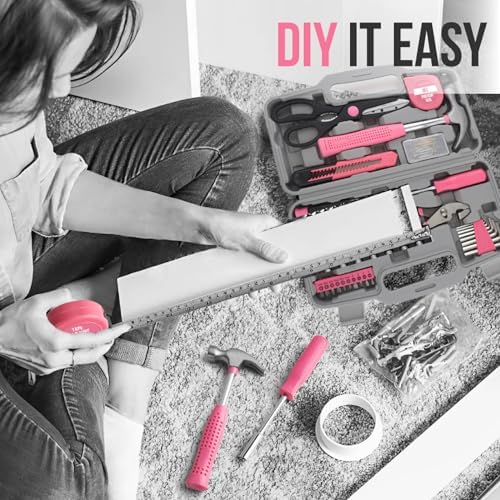 20 Pcs Home Tool Set, Basics Household Tool Kit with Small Mini Carrying Box for Men and Women DIY (Pink)