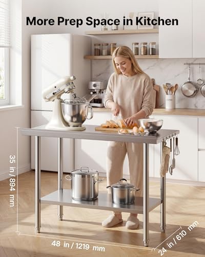 VEVOR Stainless Steel Work Table, 24x48 Inch Food Prep Table with Backsplash, Commercial Kitchen Workstation with Adjustable Undershelf, Metal Heavy Duty Utility Worktable, for Restaurant Home Outdoor