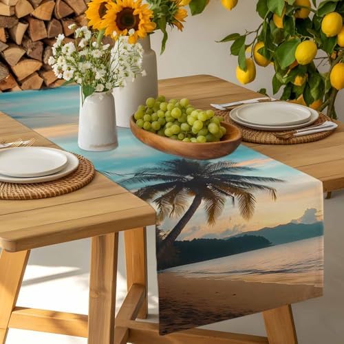 Sunset Beach Table Runner Dresser Scarf 13 x 108 Inch Tropical Coastal Ocean Palm Tree Nautical Table Runners Non-Slip Heat Resistant Kitchen Dining Table Decor for Home Holidays Indoor Outdoor