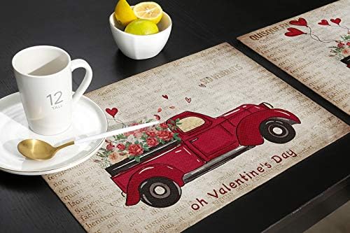 Valentines Day Placemats Set of 6, Red Truckload of Love Rustic Farmhouse Cotton Line Fabric Heat Resistant Table Mats Non-Slip Washable Mats Decoration for Home Kitchen Dining Wedding Holiday Party