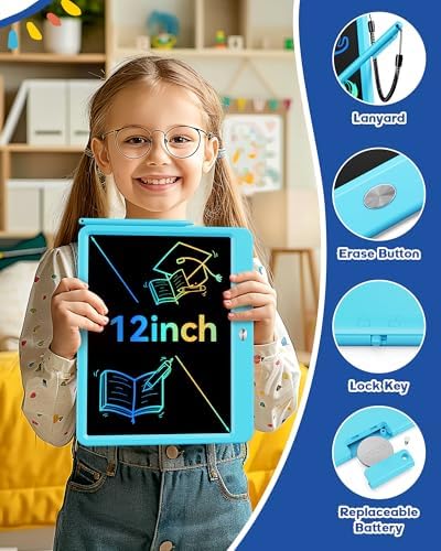 Bravokids 12 Inch LCD Writing Tablet for 3 Year Olds - Electronic Drawing Pad and Doodle Board as Educational Birthday Gifts for Girls and Boys (Blue)