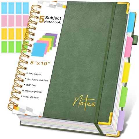 5 Subject Blank Notebook with Removable Dividers Tabs, 300 Pages Hardcover Leather Sketch Book Spiral Journal, 8"x10" B5 Large Sketchbook Notebooks for Women Men Work School Sketching Drawing, Green