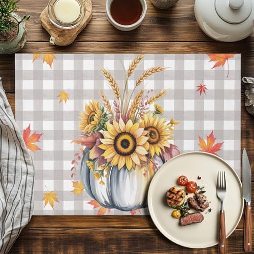 Fall Pumpkins Leaves Placemats Set of 6, Thanksgiving Heat Resistant Washable Table Place Mats Rustic Farmhouse Gray Buffalo Plaid Table Linens Party Decor for Home Kitchen Dining Outdoor Indoor